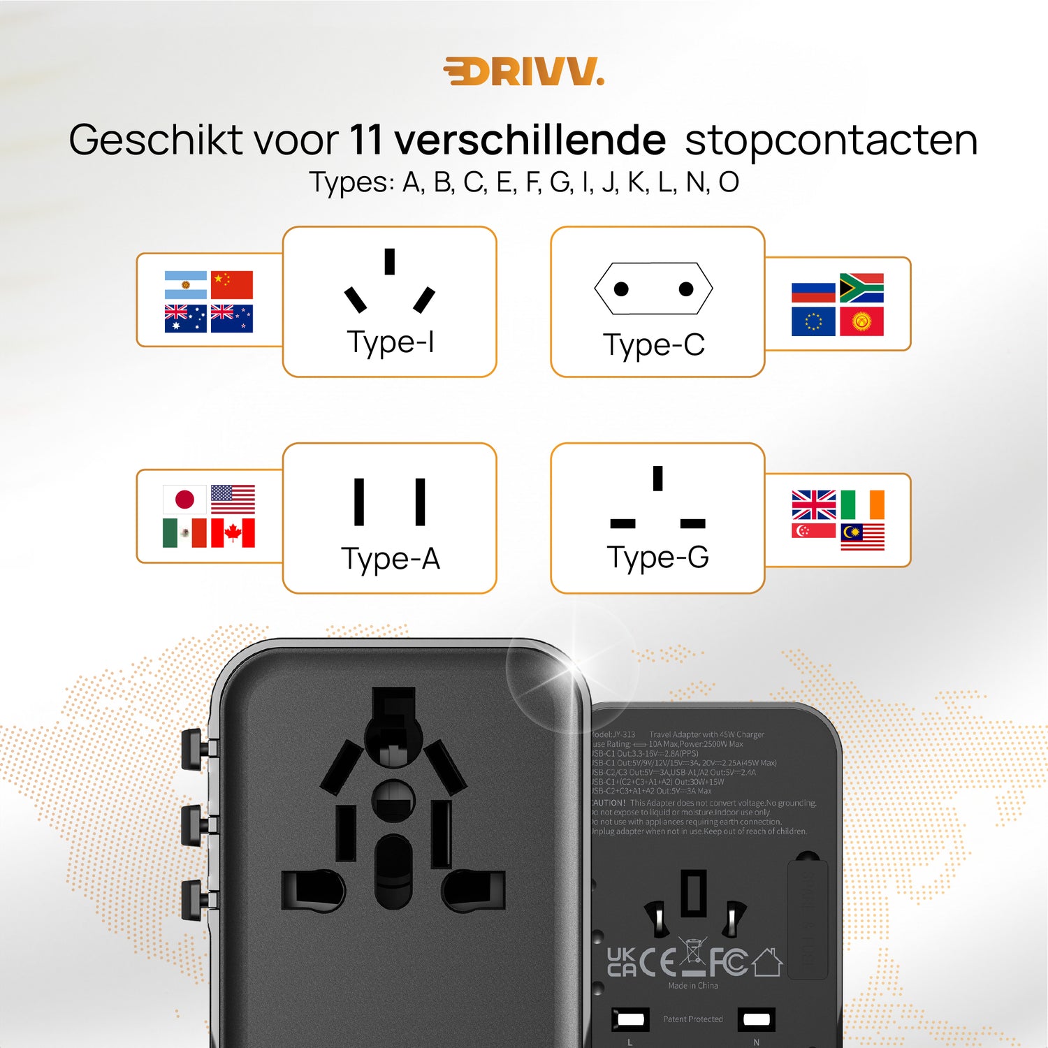 Universele Wereldstekker - 2x USB &amp; 3x USB C 45W Fast Charge