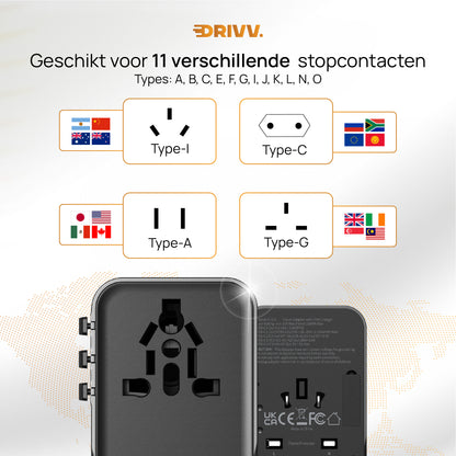Universele Wereldstekker - 2x USB &amp; 3x USB C 45W Fast Charge