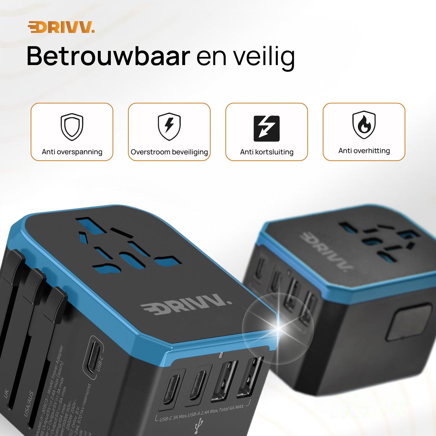 Universele Wereldstekker - 2x USB &amp; 3x USB C Fast Charge
