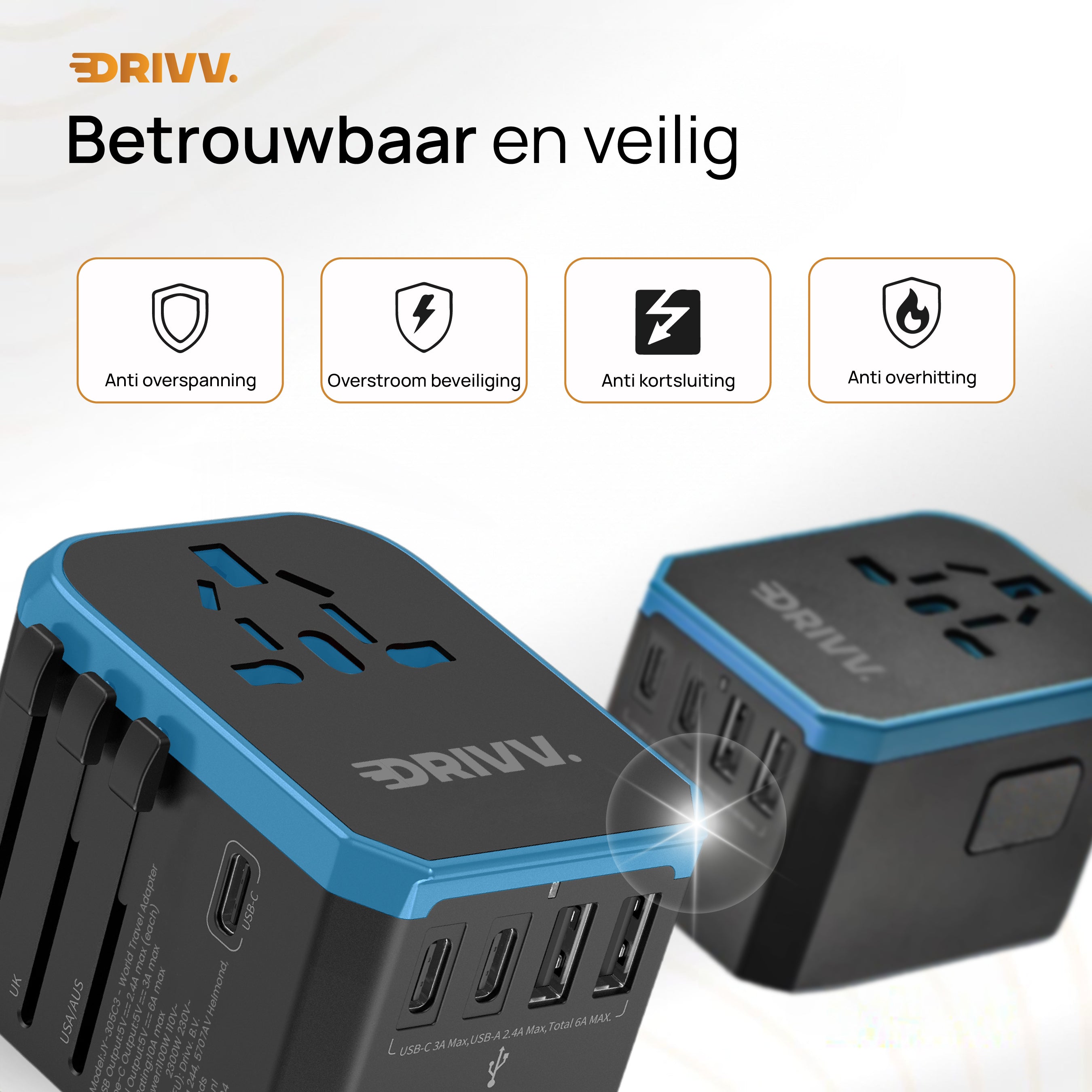 Universele Wereldstekker - 2x USB &amp; 3x USB C Fast Charge