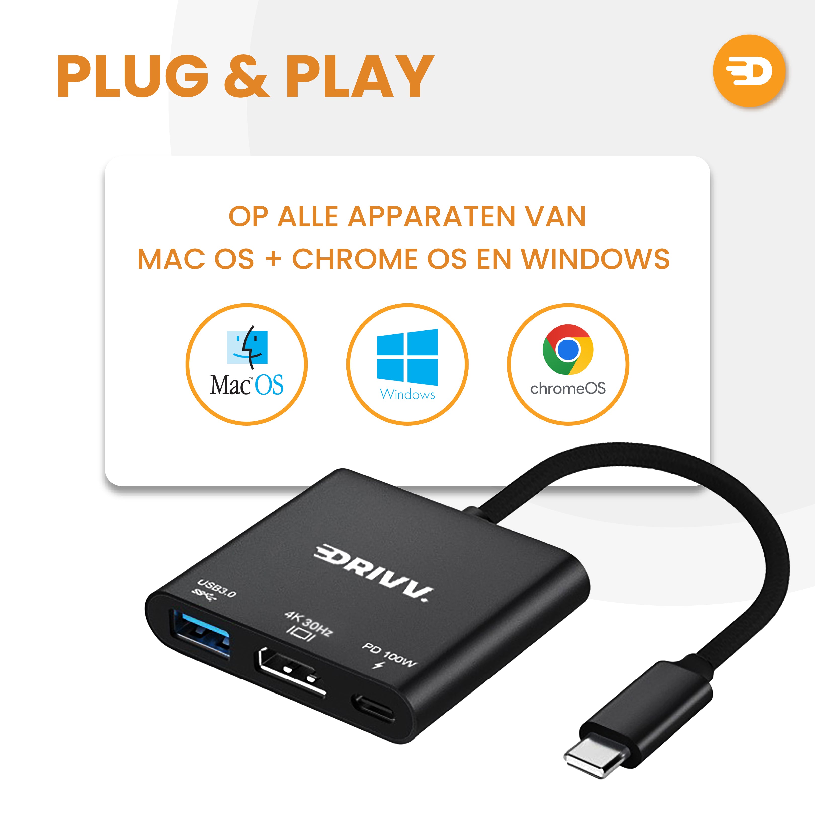 USB C naar HDMI Adapter 3 in 1 - 4K 30hz - USB 3.0