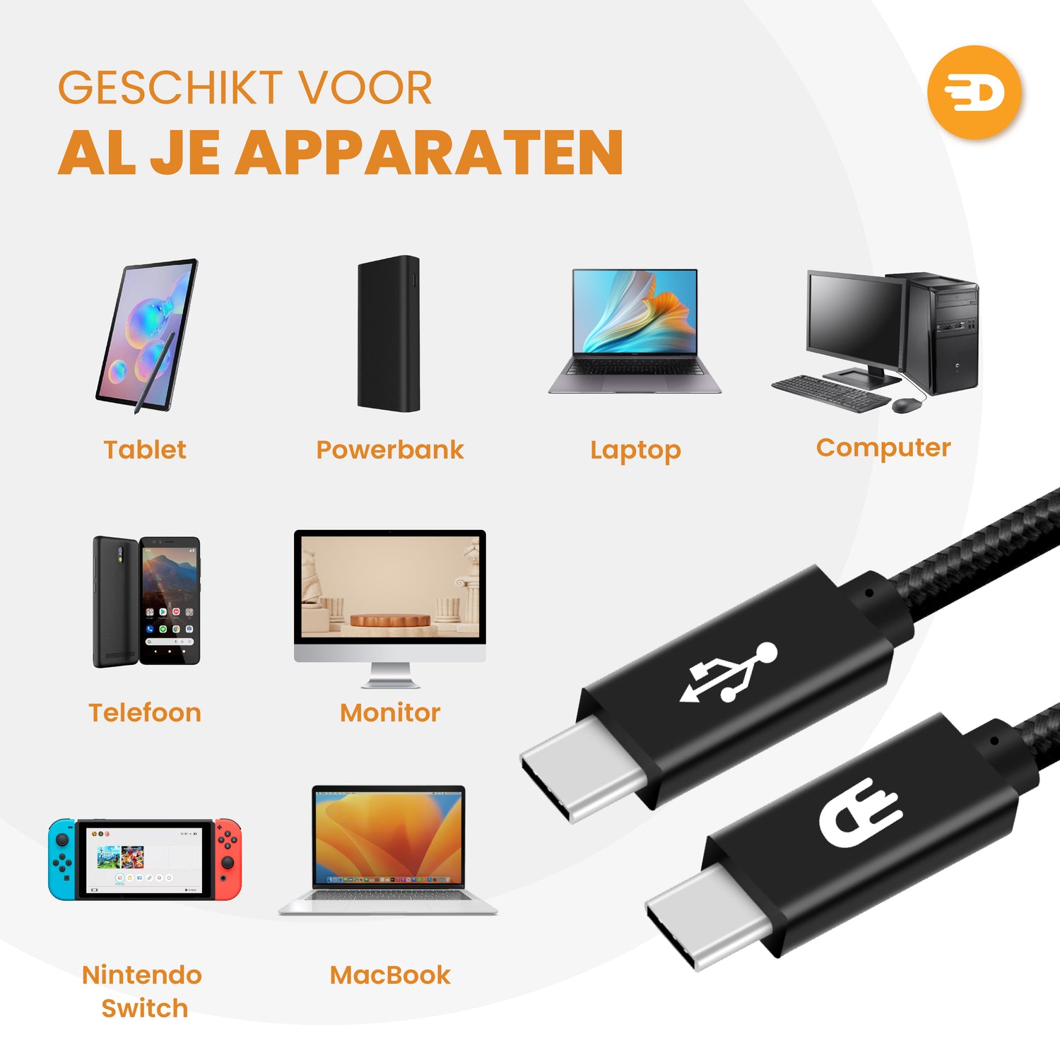 USB C naar USB C 3.2 Kabel - PD 100w - Nylon