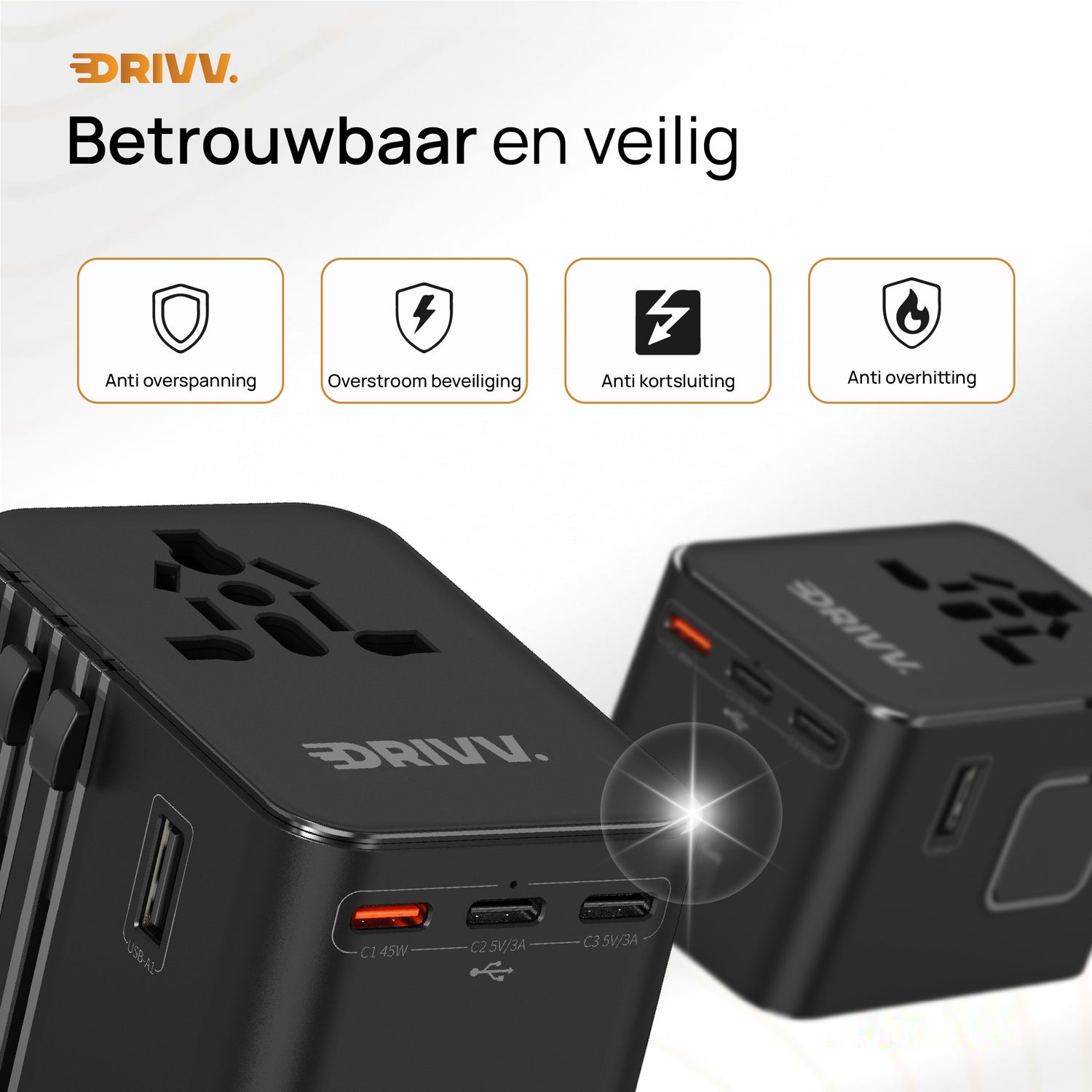 Universele Wereldstekker - 2x USB &amp; 3x USB C 45W Fast Charge
