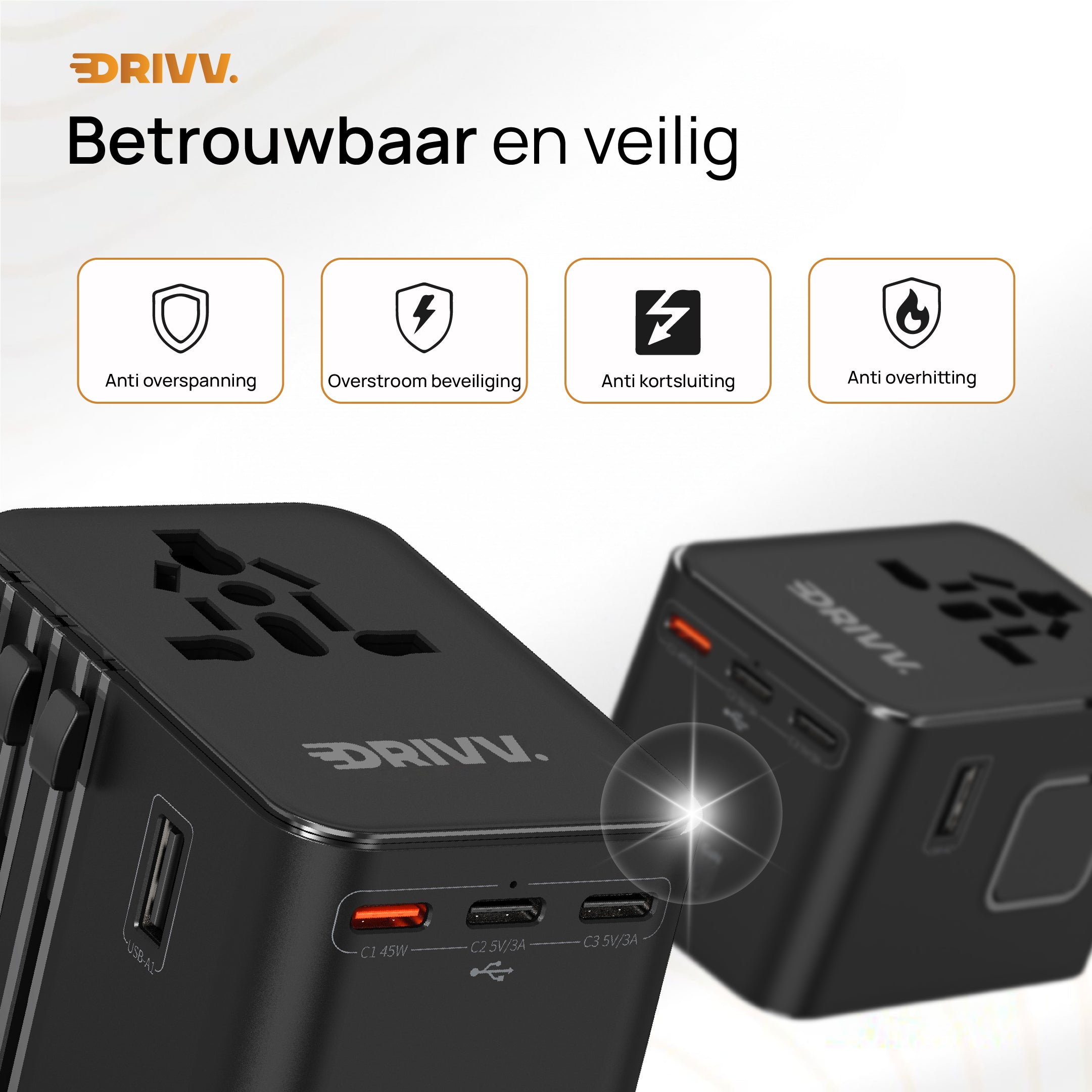 Universele Wereldstekker - 2x USB &amp; 3x USB C 45W Fast Charge