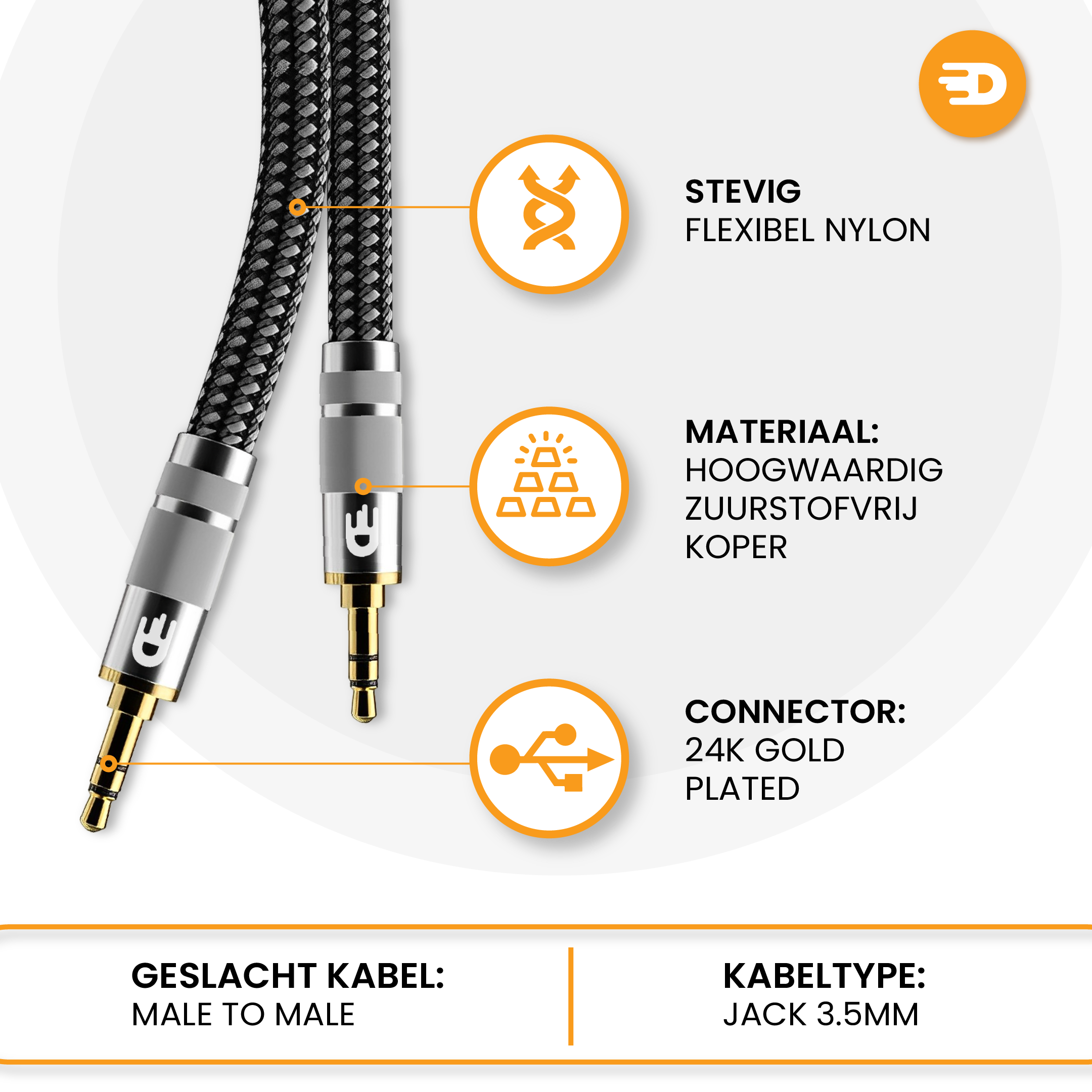 Premium AUX Kabel 3.5 mm - Nylon - Male to Male - 1 meter