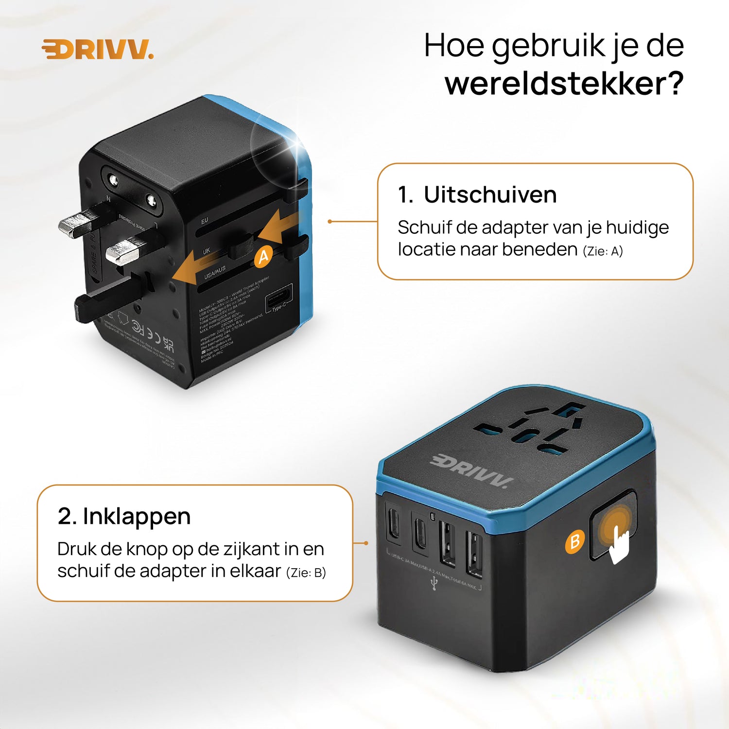 Universele Wereldstekker - 2x USB &amp; 3x USB C Fast Charge