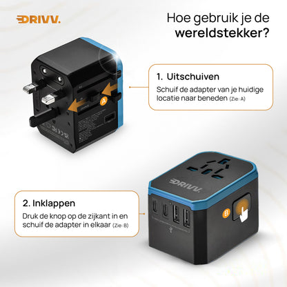 Universele Wereldstekker - 2x USB &amp; 3x USB C Fast Charge