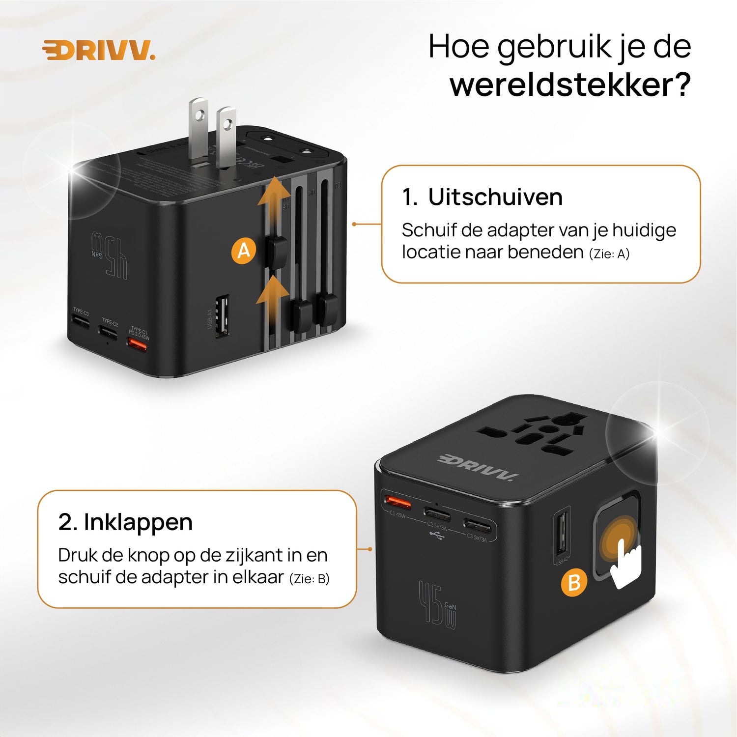 Universele Wereldstekker - 2x USB &amp; 3x USB C 45W Fast Charge