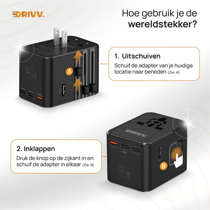 Universele Wereldstekker - 2x USB &amp; 3x USB C 45W Fast Charge