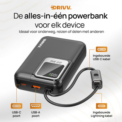 Powerbank 20.000 mAh – Met ingebouwde kabels en snelladen
