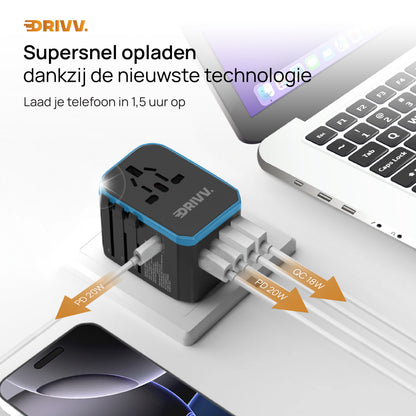 Universele Wereldstekker - 2x USB &amp; 3x USB C Fast Charge
