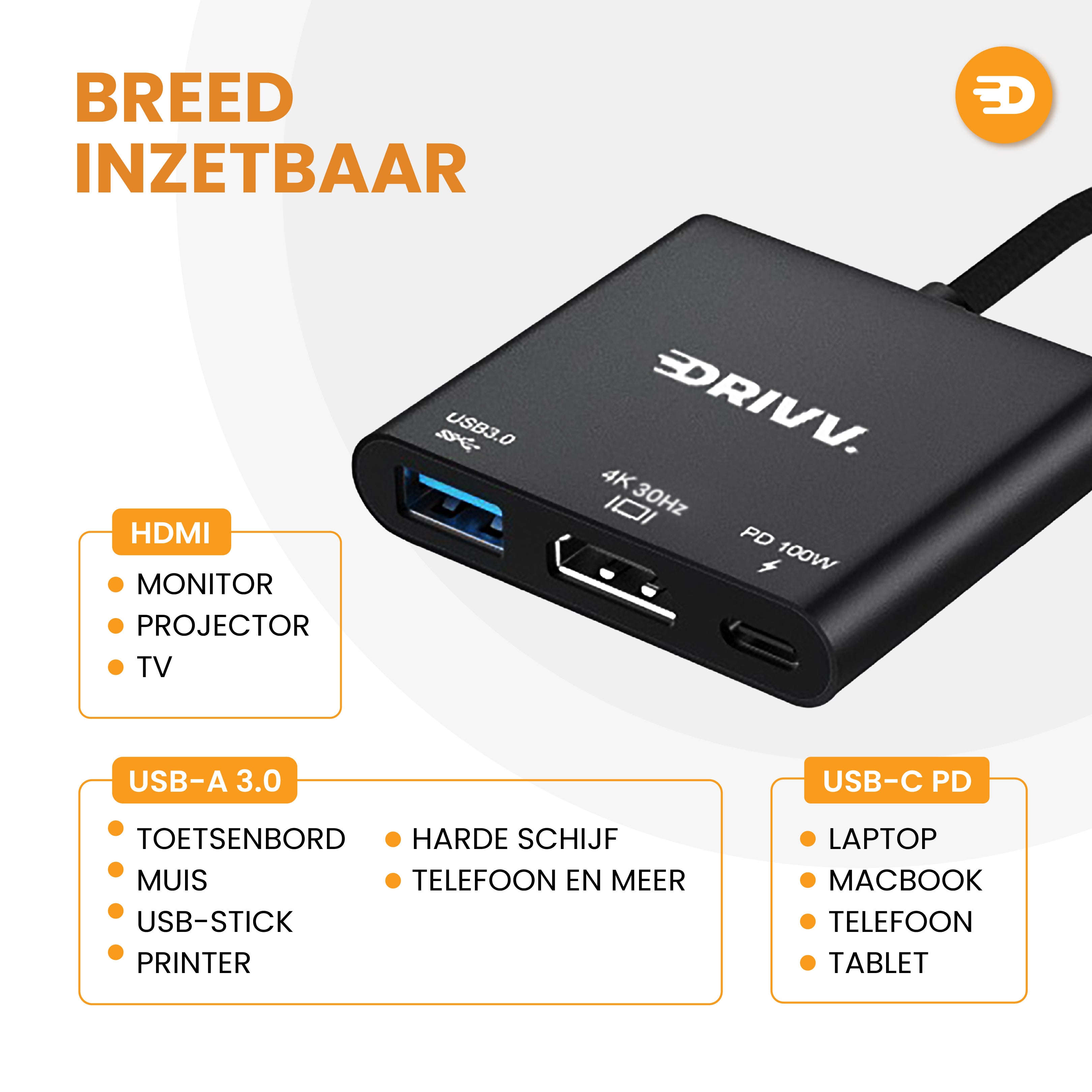 USB C naar HDMI Adapter 3 in 1 - 4K 30hz - USB 3.0