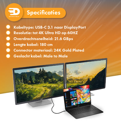 USB C naar DisplayPort Kabel - 4K 120Hz - 8K 60Hz