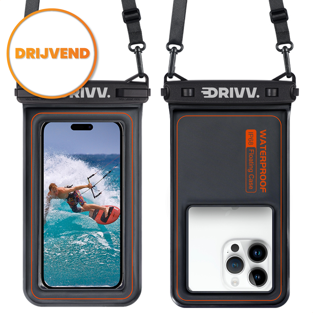 Een Drivv. Waterdicht Telefoonhoesje Drijvend met lanyards zijn voorzien van het oranje Drivv. logo. Met IPX-8 waterdichtheid zijn ze ideaal voor kitesurfen en ondersteunen ze touchscreen & Face ID-gebruik.