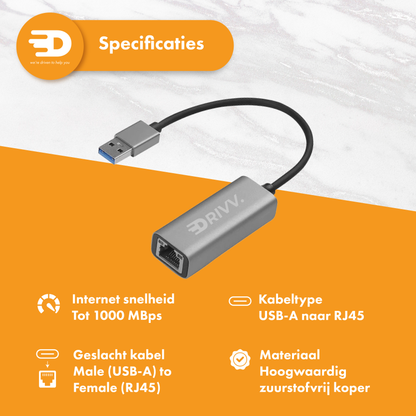 USB-A naar Ethernet Adapter / Internet / Netwerk - 10/100/1000 MBps