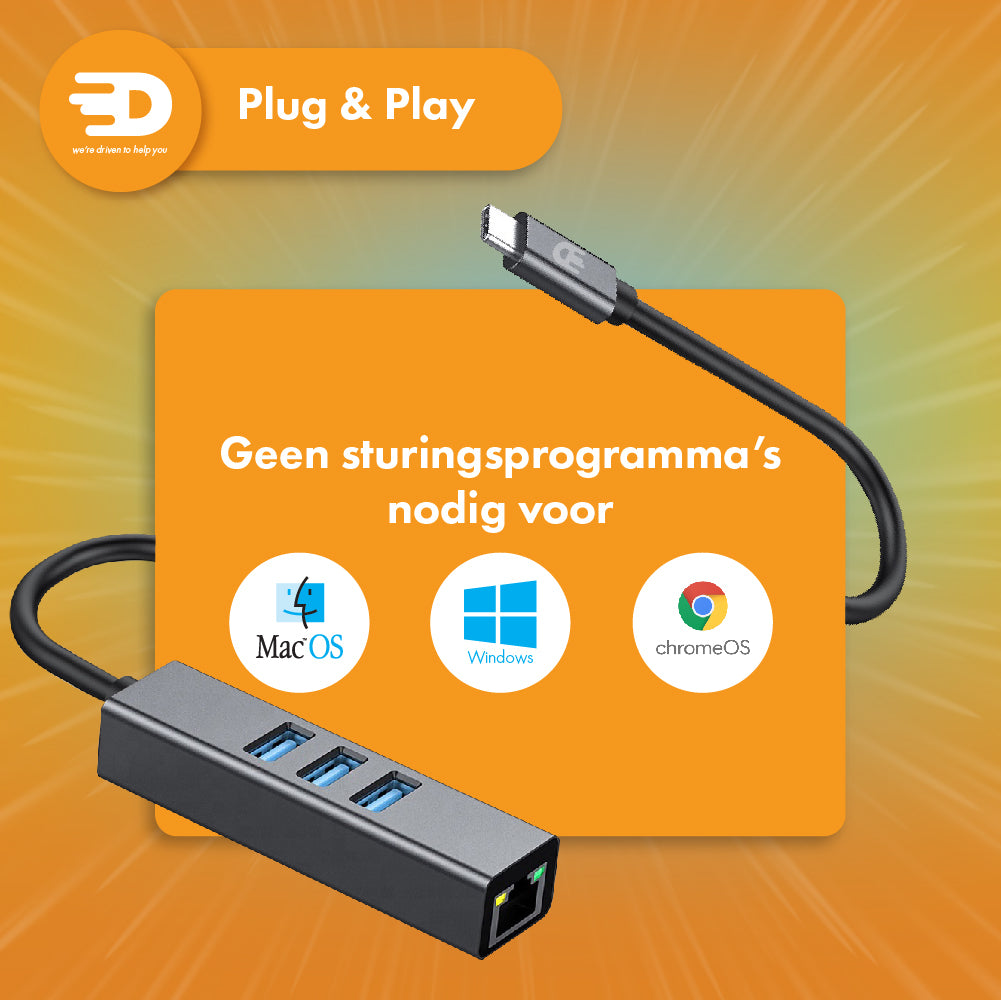 USB C naar Ethernet Adapter met 3 USB 3.0 poorten