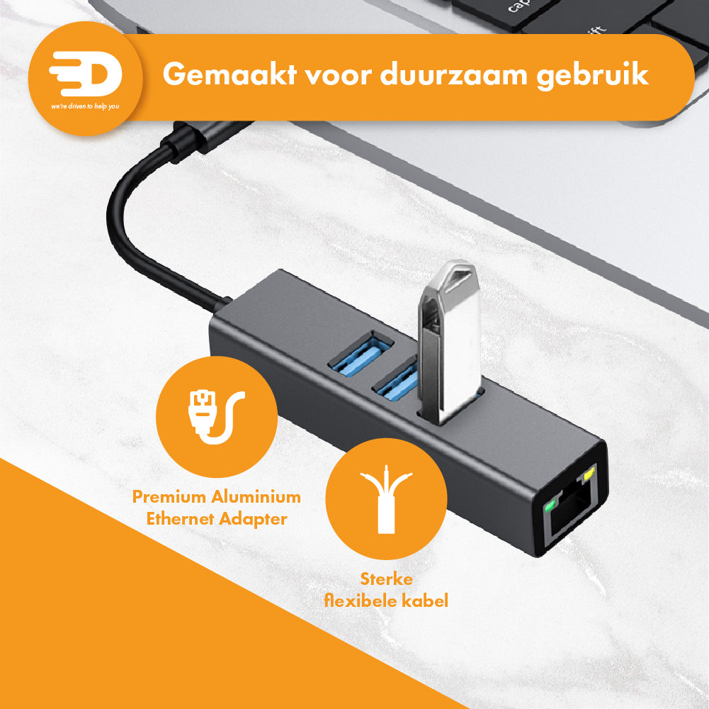 USB C naar Ethernet Adapter met 3 USB 3.0 poorten