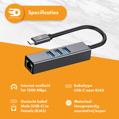 USB C naar Ethernet Adapter met 3 USB 3.0 poorten