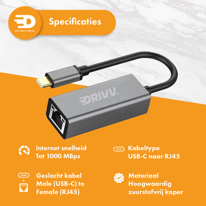 USB-C naar Ethernet Adapter / Internet / Netwerk - 10/100/1000 MBps