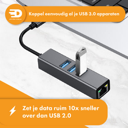 USB C naar Ethernet Adapter met 3 USB 3.0 poorten